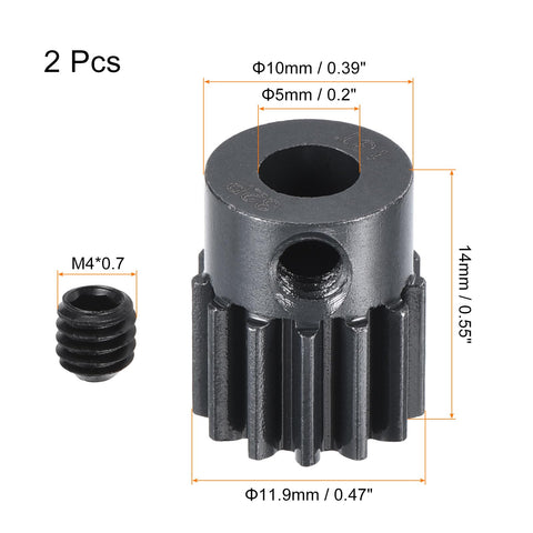 Two Pack 32P Hardened Pinion Gear With 5mm Shaft 13T Carbon Steel for RC car, boat, drone upgrade; detailed dimensions shown