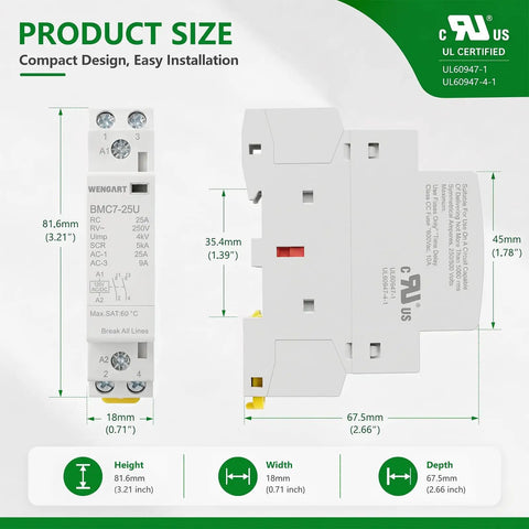 No More Panel Buzz 25A AC DC Contactor 2 Pole 2NO image showing compact size details with height 81.6mm and width 18mm.