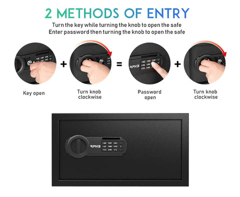 Diagram showing entry methods for Deluxe Safe And Lock Box With Digital Keypad For Home Office Hotel And Business Use Steel Alloy Small Safe.