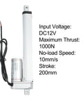 12V Electric Linear Actuator With Straight Push Pull Rod For Heavy Duty Industrial Automation And Sofa Lifts IP65 Waterproof, 200mm stroke.