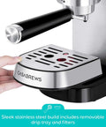 Close-up of Compact 20 Bar Espresso Machine With Steam Milk Frother, showing removable stainless steel drip tray, silver finish