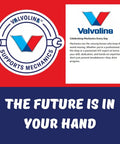 Valvoline logo and message supporting mechanics with the text 'The Future is In Your Hand.'