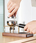 Boss Grade Wood And Copper Espresso Tamper Station Heavy Duty Coffee Tamping Stand with hand tamping portafilter holder.