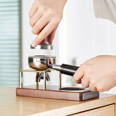 Boss Grade Wood And Copper Espresso Tamper Station Heavy Duty Coffee Tamping Stand with hand tamping portafilter holder.