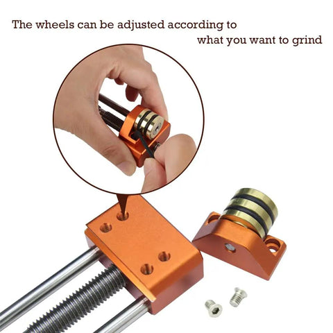 Close-up of reversible wheel mounting on Honing Guide Sharpening Jig For Chisels And Planes With Reversible Wheel Mounting For Precise Honing