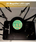 Top view of DIY Pro Grade Soldering Station With Flexible Magnetic Helping Hands And 3X LED Magnifying Lamp on circuit board