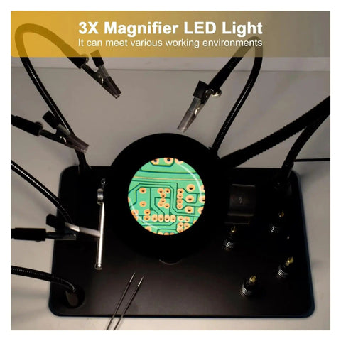 Top view of DIY Pro Grade Soldering Station With Flexible Magnetic Helping Hands And 3X LED Magnifying Lamp on circuit board