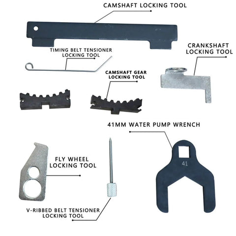 All-In-One Camshaft Alignment And Timing Tool Kit For GM 16V 1.4L 1.6L 1.8L Engines, Includes 41mm Water Pump Wrench, various tools displayed