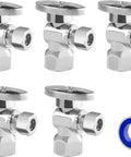 Pack of five chrome angle stop valves with tape; One Half Inch FNPT to Three Eighths Inch Compression Easy Install for bathroom sinks