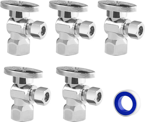 Pack of five chrome angle stop valves with tape; One Half Inch FNPT to Three Eighths Inch Compression Easy Install for bathroom sinks