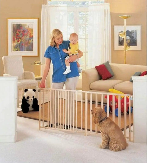 Extra Wide Swing Wooden Baby Gate For Large Openings, Adjustable From 60 To 103 Inches, 27 Inches Tall setup in living room