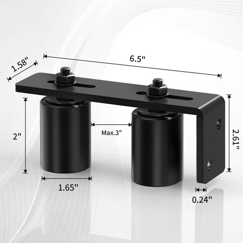 2 Inch Black Heavy Duty Beefy Sliding Gate Rollers Set 2 Pack With L Rear Post Bracket Universal Adjustable Side Mount Alloy Steel And Plastic Built For Smooth Sliding Gates And Rolling Doors, showing dimensions and design