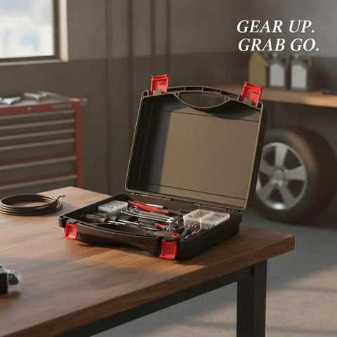 Grab And Go Portable Plastic Tool Box With Integrated Handle For One Hand Carry, shown open on a workshop table.