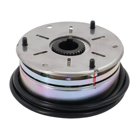 Front view of forklift electromagnetic brake assembly with round metal mounting plate, central gear hub, rubber seal