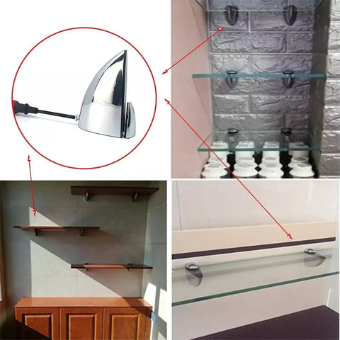 Heavy Duty 6 Pack Adjustable Glass Shelf Brackets With Glass Clips holding glass and wooden shelves, zinc alloy clamp holders.