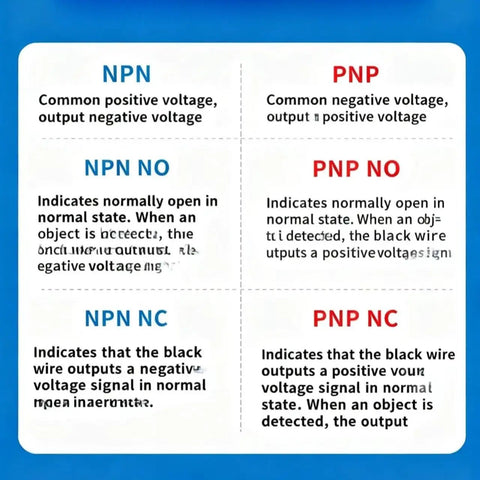 Comparison chart showing NPN and PNP output characteristics, including NPN NO, NPN NC, PNP NO, and PNP NC descriptions.