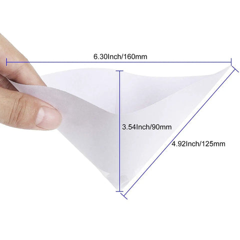 Hand holding a 200 Pack 150 Micron Paint Strainers Cone Funnel With Fine Nylon Mesh Tip Keeps Paint Clean And Clog Free For Spray Guns Automotive Arts Crafts And Hobby Painting, showing dimensions.