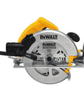 Side view of a DeWalt circular saw with built tough dust collection adapter fitted for DWE575 series, compatible with 1-1/2 inch hoses.