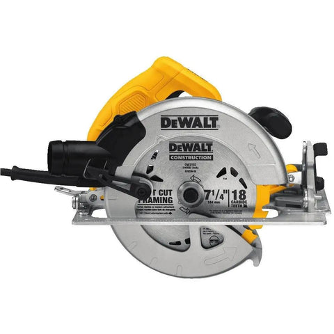 Side view of a DeWalt circular saw with built tough dust collection adapter fitted for DWE575 series, compatible with 1-1/2 inch hoses.