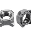 M6 Square Weld Nuts Carbon Steel UNC Thread Gray Coated 100 Piece Set showing two heavy duty nuts for secure metal joining.