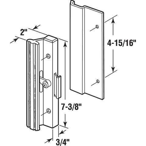 Diagram of MP1006 Clamp Style Sliding Glass Door Handle Set with dimensions, aluminum surface mount, flush exterior pull.