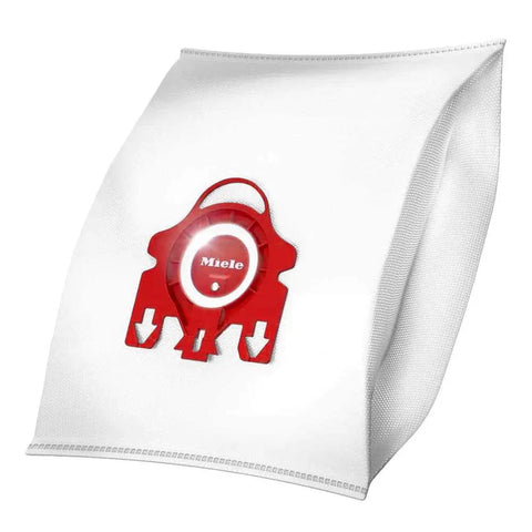 Pro Grade Vacuum Filter Bundle With 16 Genuine FJM AirClean Bags AH50 HEPA Filter And Four Pre Motor Protection Filters For Ultra Clean Air And 99.99 Percent Dust Retention In Your Home showing a white Miele FJM bag with red connector