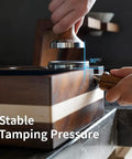 Espresso Knock Box And Tamp Station 4 In 1 Organizer For Espresso Tamper Distributor And Portafilter Stand in use, walnut