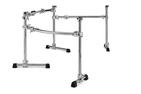 Curved Three Sided Drum Rack With Four Heavy Duty T Legs And Straight Up Secure Multi Clamp Mounts For Killer Pro Gig Rig Setup.