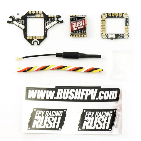 Components of Smallest Tank Series FPV Video Transmitter With Rush Lock On Technology for racing drones on white background