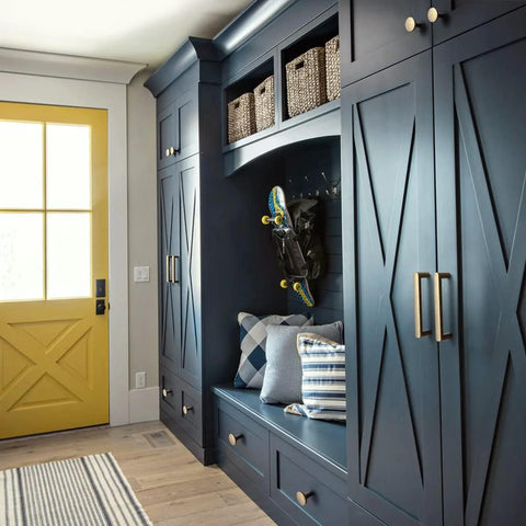 Blue entryway cabinets with 5 Inch Antique Brass Cabinet Pull Handles, 6 Pack, Grooved Texture Non Slip Grip For Farmhouse And Industrial Cabinetry