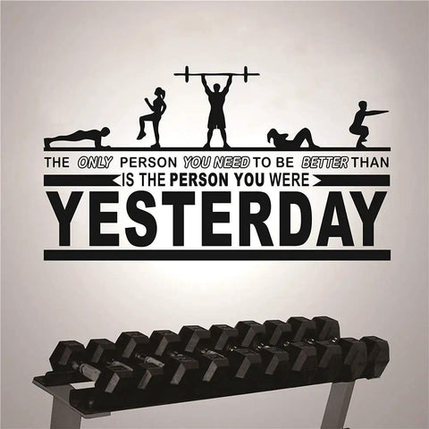 Motivational Gym Wall Decal For Home Gym Crossfit Quote Vinyl Sticker 18 By 32 Inches Black Waterproof Non Toxic Removable Decor That Inspires You To Be Better Than You Were Yesterday above dumbbells
