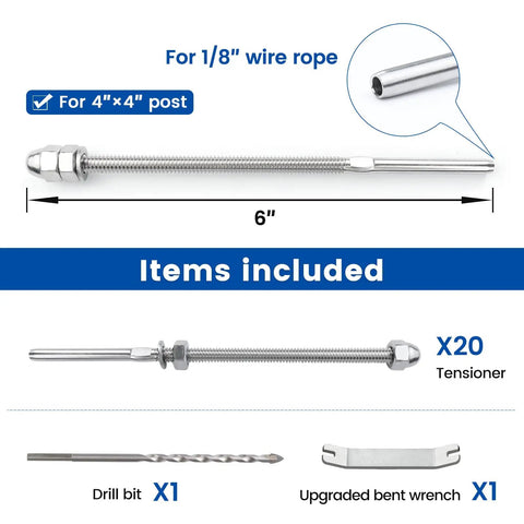 Items included in 20 Pack 1/8 Inch Cable Railing Heavy Duty Hardware Kit with tensioner, drill bit, and bent wrench.