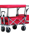 Workhorse Folding Wagon Cart With Removable Canopy, Four Wheel Push Pull Hand Cart in red with sturdy steel frame.