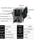 Close-up of Beefy 700W Hot Air Soldering Station with controls and display for temperature and airflow; includes handle and stand.