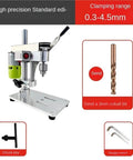 High Precision Mini Table Drill With DC Variable Speed Dial showing chuck, cobalt bit, and hex wrench for precision drilling.