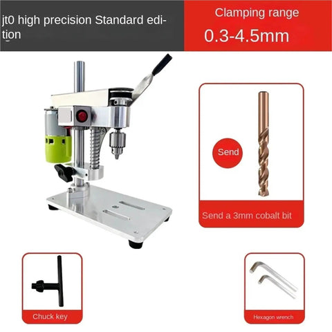 High Precision Mini Table Drill With DC Variable Speed Dial showing chuck, cobalt bit, and hex wrench for precision drilling.