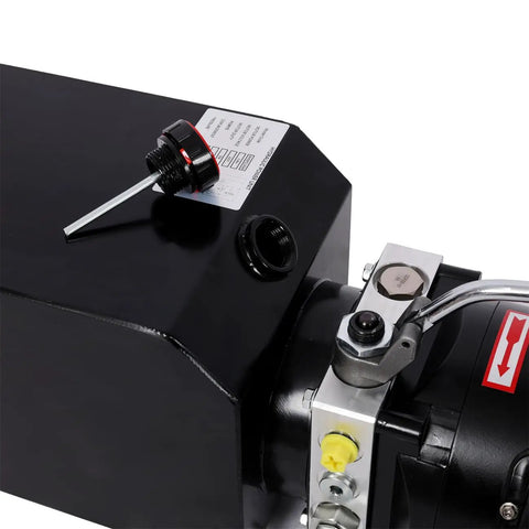 Close-up of Heavy-Duty Hydraulic Power Unit Pump 220V Single Phase showing refill cap and valve connectors, essential auto shop equipment.