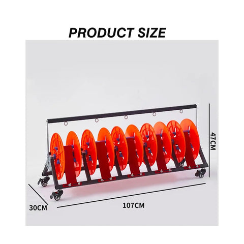 Heavy Duty Folding Cable Rack Pro Grade Wire Dispenser with Anti Tangle Slots and 5 Roll Capacity showing dimensions
