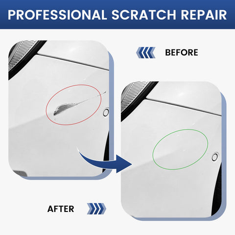 Two-Pack Car Touch Up Paint Pen With Clear Coat Pen Kit For White Cars, showing before and after scratch repair on car