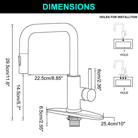 Dimensions diagram of Matte Black Kitchen Faucet With Pull Out Sprayer, Single Handle Stainless Steel Sink Fixture shown.