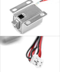 Close-up of Compact 12V Direct Current Electromagnetic Solenoid Lock with wires, suitable for secure cabinet installations.