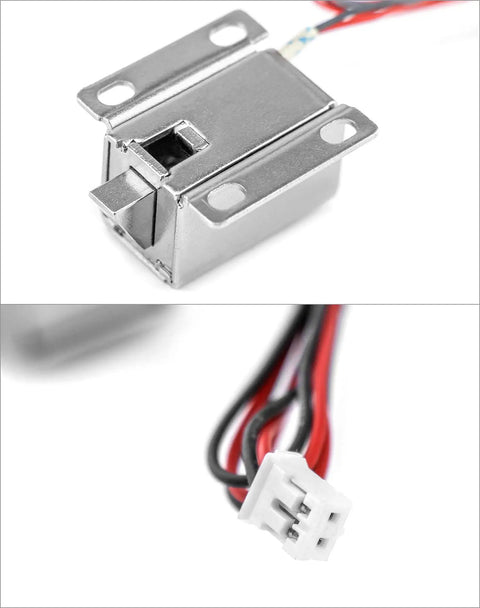 Close-up of Compact 12V Direct Current Electromagnetic Solenoid Lock with wires, suitable for secure cabinet installations.