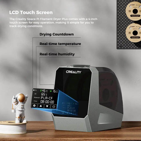 Space Pi Filament Dryer Plus with LCD touch screen showing drying countdown and temperature for PLA PETG ABS filaments.