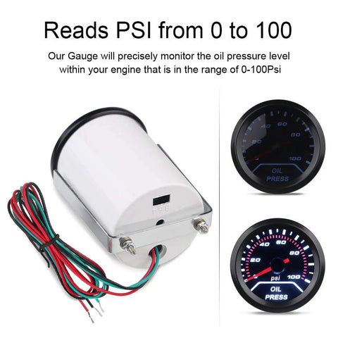 Front view of WATERWICH 2-inch oil pressure gauge kit with white metal housing and wiring harness.