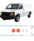 Universal Chrome Battery Hold Down Kit with J hook bolts, washers, and nuts for cars, trucks, SUVs, displayed with van