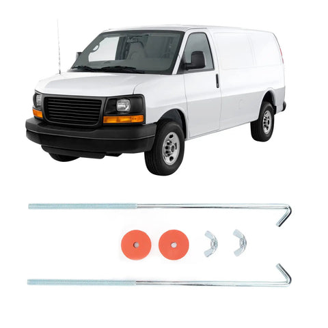 Universal Chrome Battery Hold Down Kit with J hook bolts, washers, and nuts for cars, trucks, SUVs, displayed with van