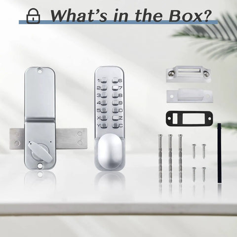 Mechanical Keyless Entry Front Door Lock With 14 Push Button Keypads Digital Outdoor Deadbolt Stainless Steel Weatherproof Gasket Rust Resistant Easy Install No Key Needed Silver Finish with installation components
