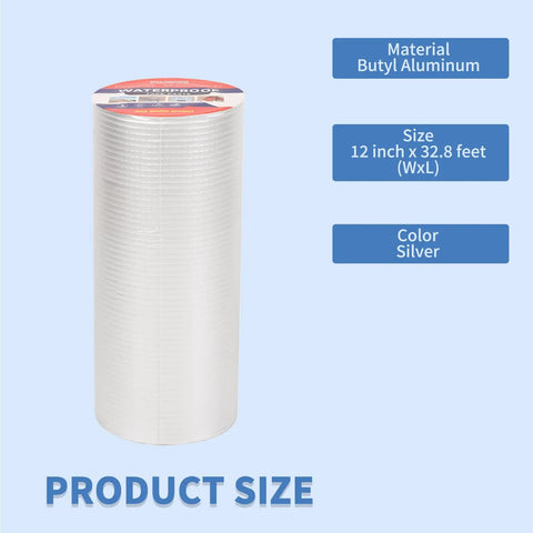 Tough As Nails Heavy Duty Aluminum Foil Butyl Tape With Adhesive, 12 Inch Wide By 32.8 Feet Long, silver roll, product size details