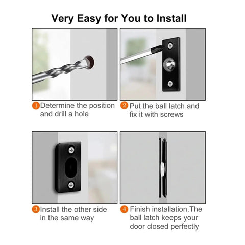 Installation guide layout for 12pc Invisible Wooden Cabinet Door Catch Ball Latch Kit With Elastic Adjustable Spring Bead Mechanism For Closet Lock Install Hide Screws And Punching Tools Seamlessly.