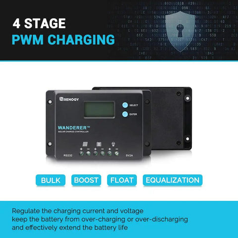 4 stage PWM charging display with Wanderer 10 Amp 12V and 24V PWM Negative Ground Solar Charge Controller With LCD Display